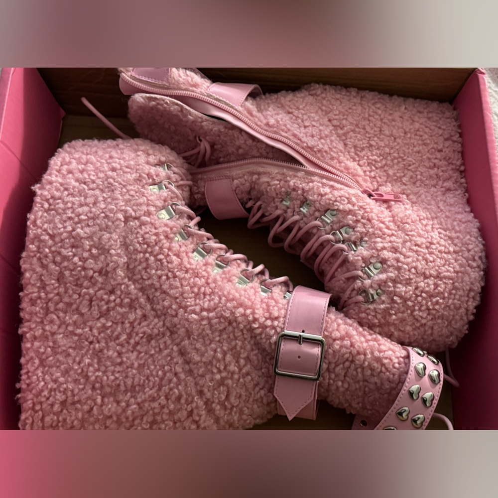 Dolls Kill Pink Sherpa Lace-Up Boots
